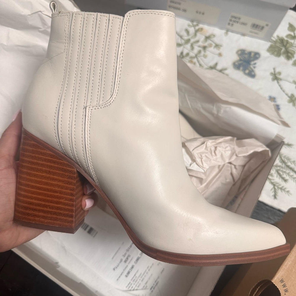 Marc Fisher Cream Ankle Booties with Brown Heel